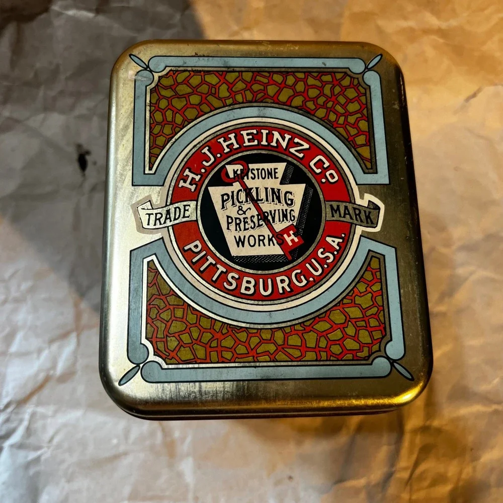 Heinz Tin Teal Orange Vintage Style Cheinco Pearls Advertising Container